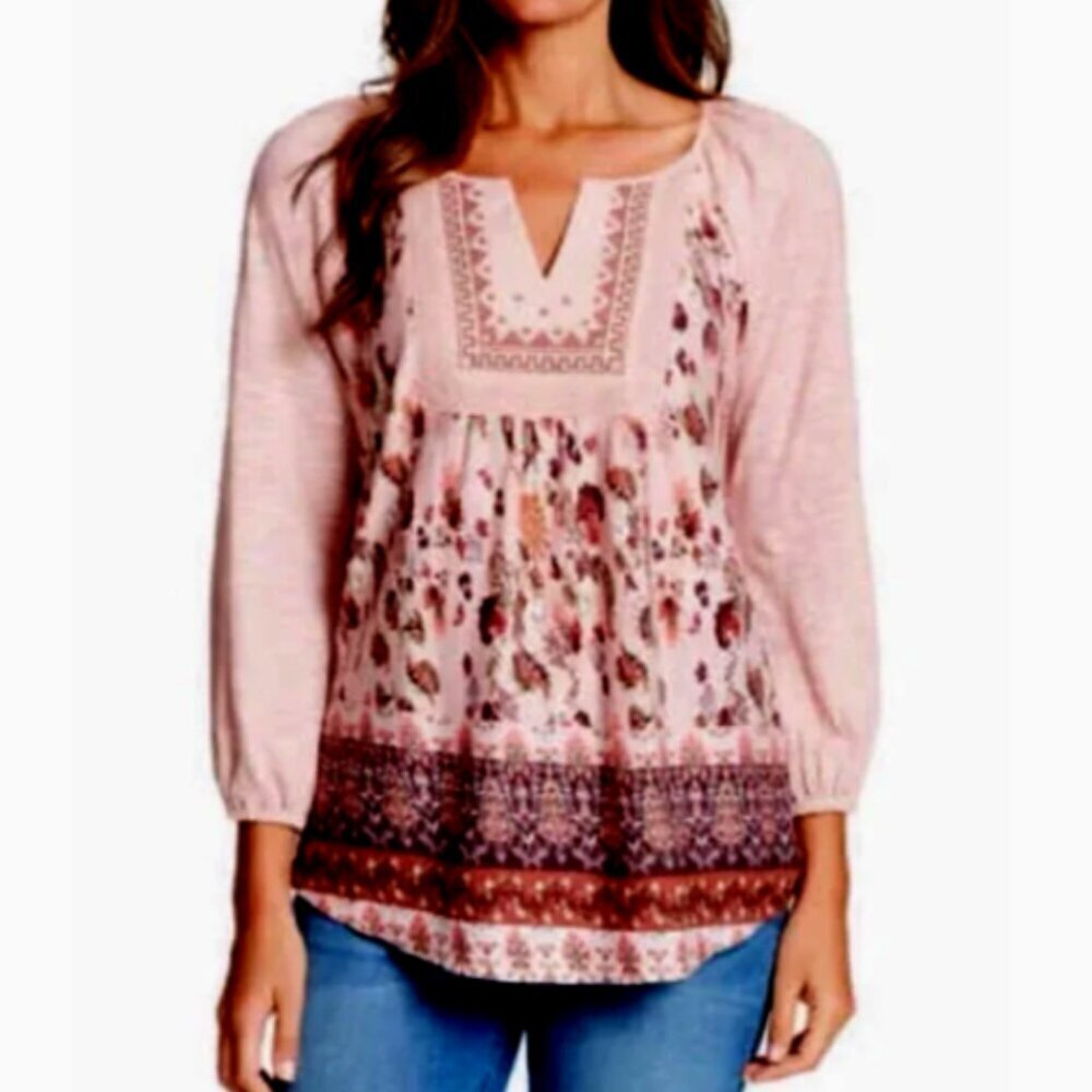Vintage  America BOHO Floral Peasant Top‎ Lace Accent S Pink 101H